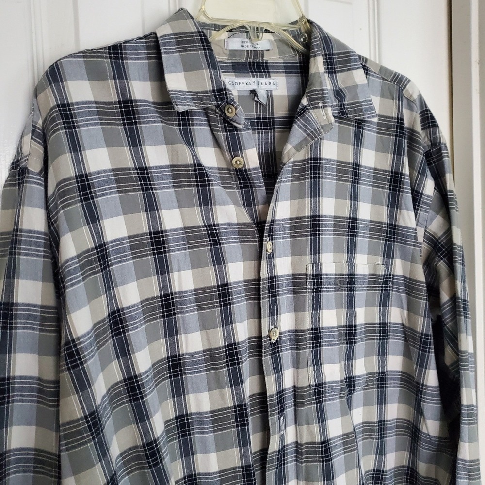 Geoffrey Beene Mens Plaid Button Down Shirt Grey Black White Cotton‎ Size M